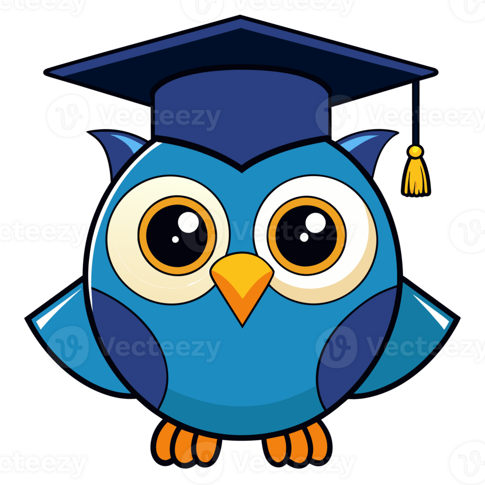 A cartoon owl is wearing a graduation cap and smiling. png