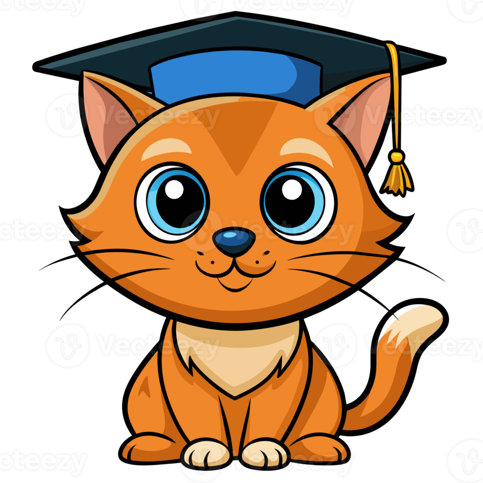 A cartoon cat is wearing a graduation cap and smiling. png