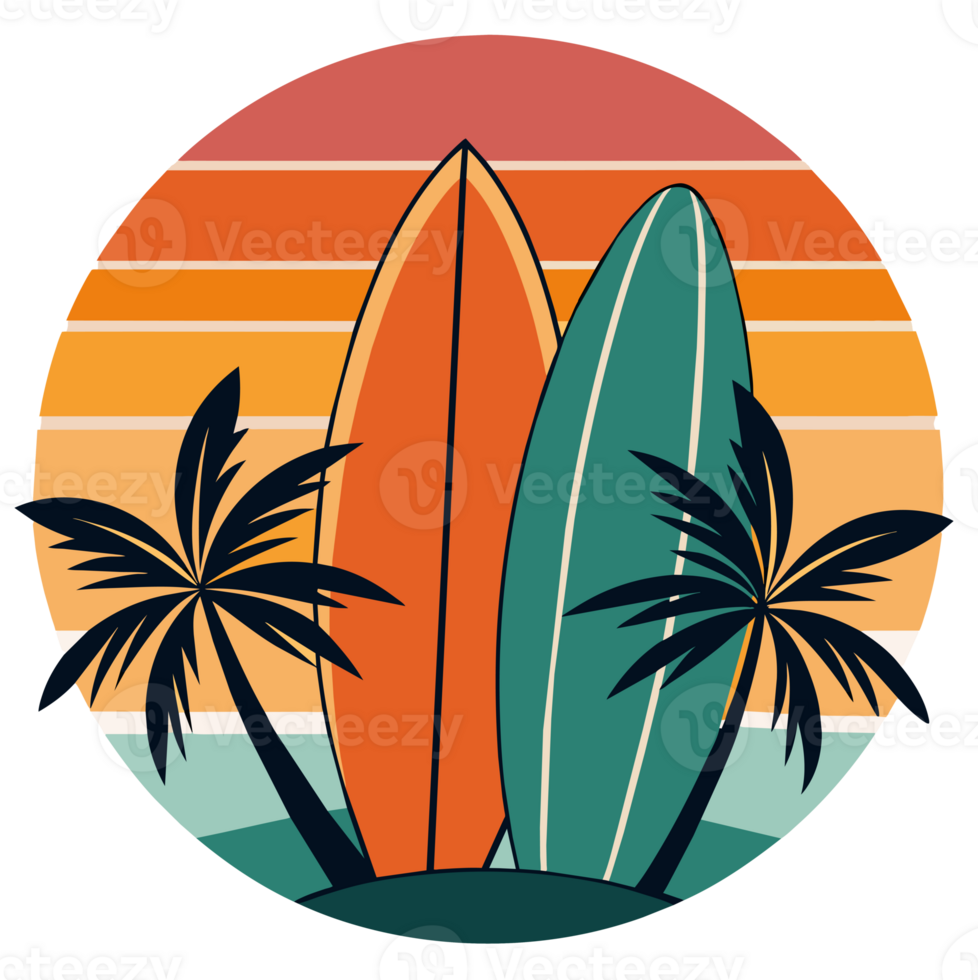 A design depicts a palm tree and a surfboard set against a backdrop of horizontal stripes in warm hues suggesting a sunset png