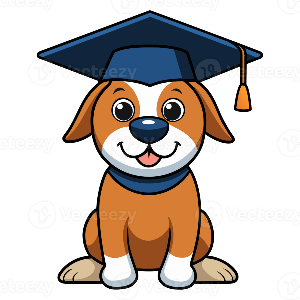 A cartoon dog is wearing a graduation cap and smiling. png