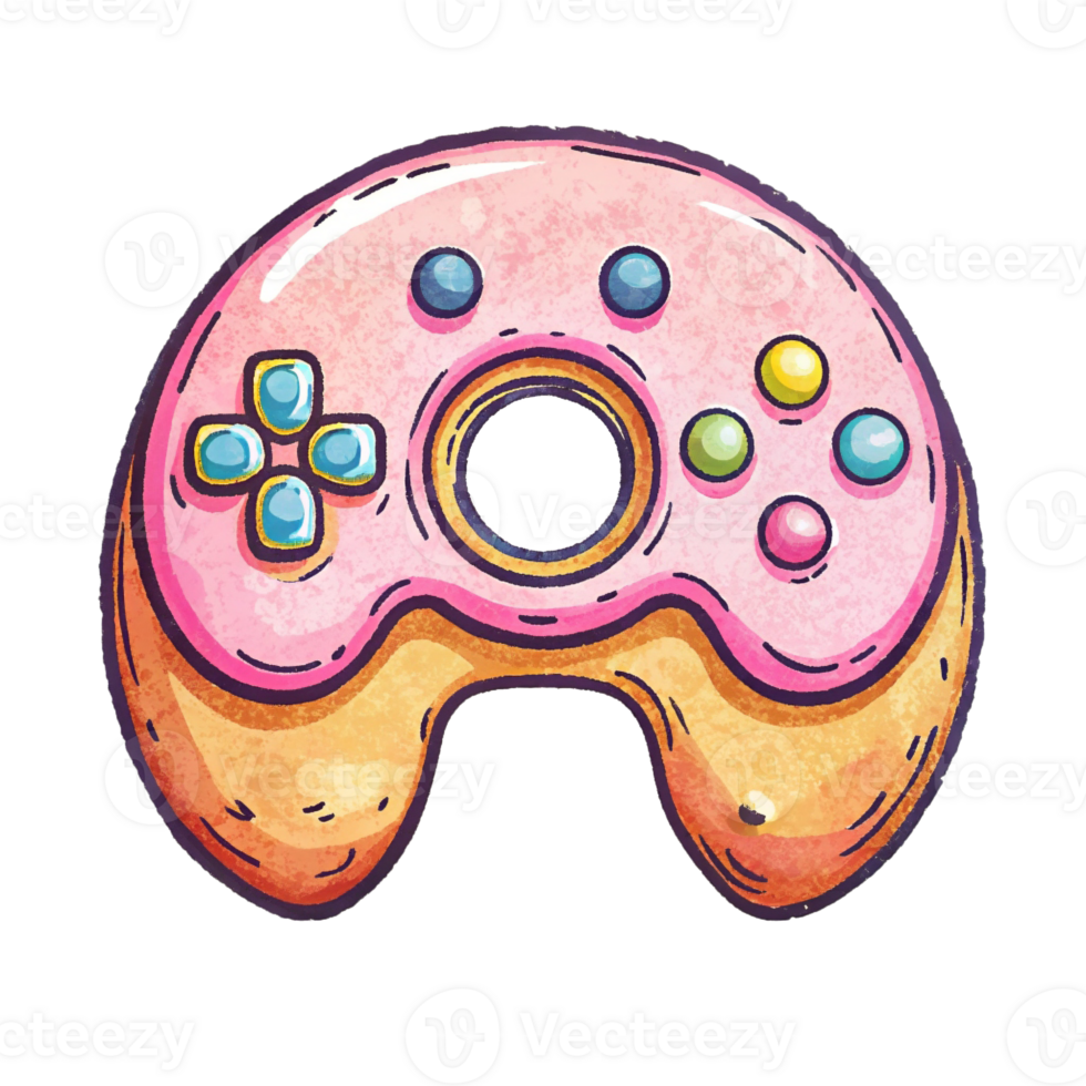 A whimsical depiction of a game controller shaped like a doughnut complete with icing and sprinkles takes center png