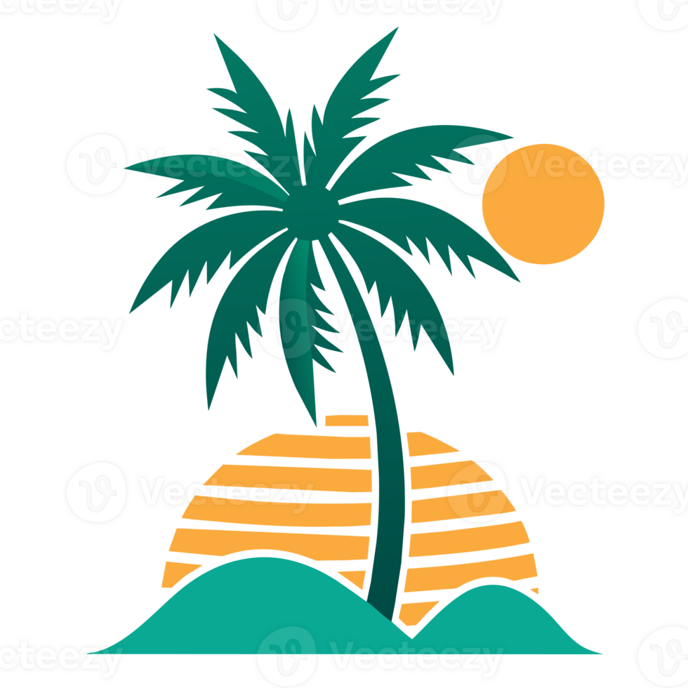 elegant summer graphic with palm tree sea and sunset png