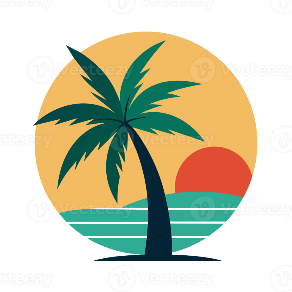 elegant summer graphic with palm tree sea and sunset png