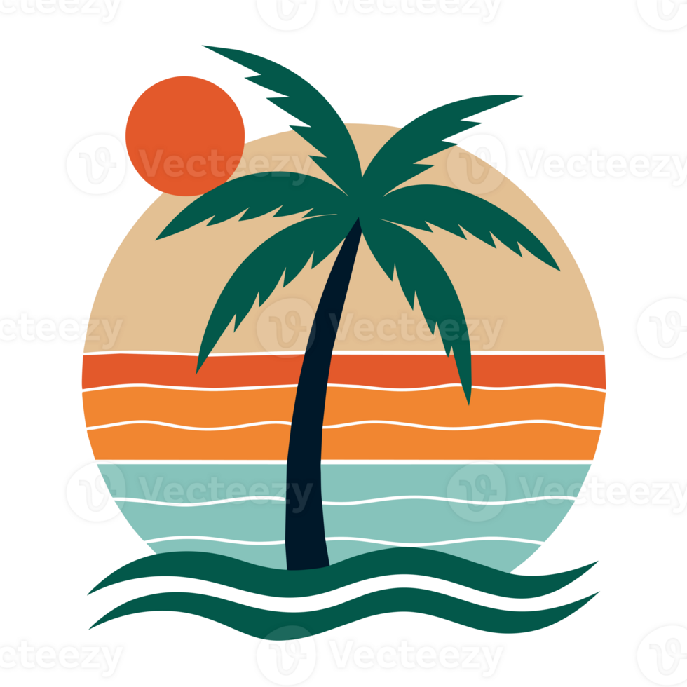 elegant summer graphic with palm tree sea and sunset png