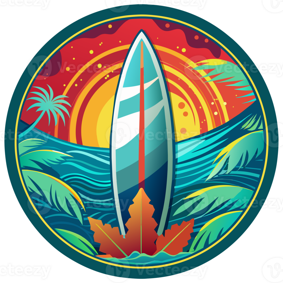 A surfboard dominates the center of a circular design, which is flanked by ornate waves and under a radiant sun png