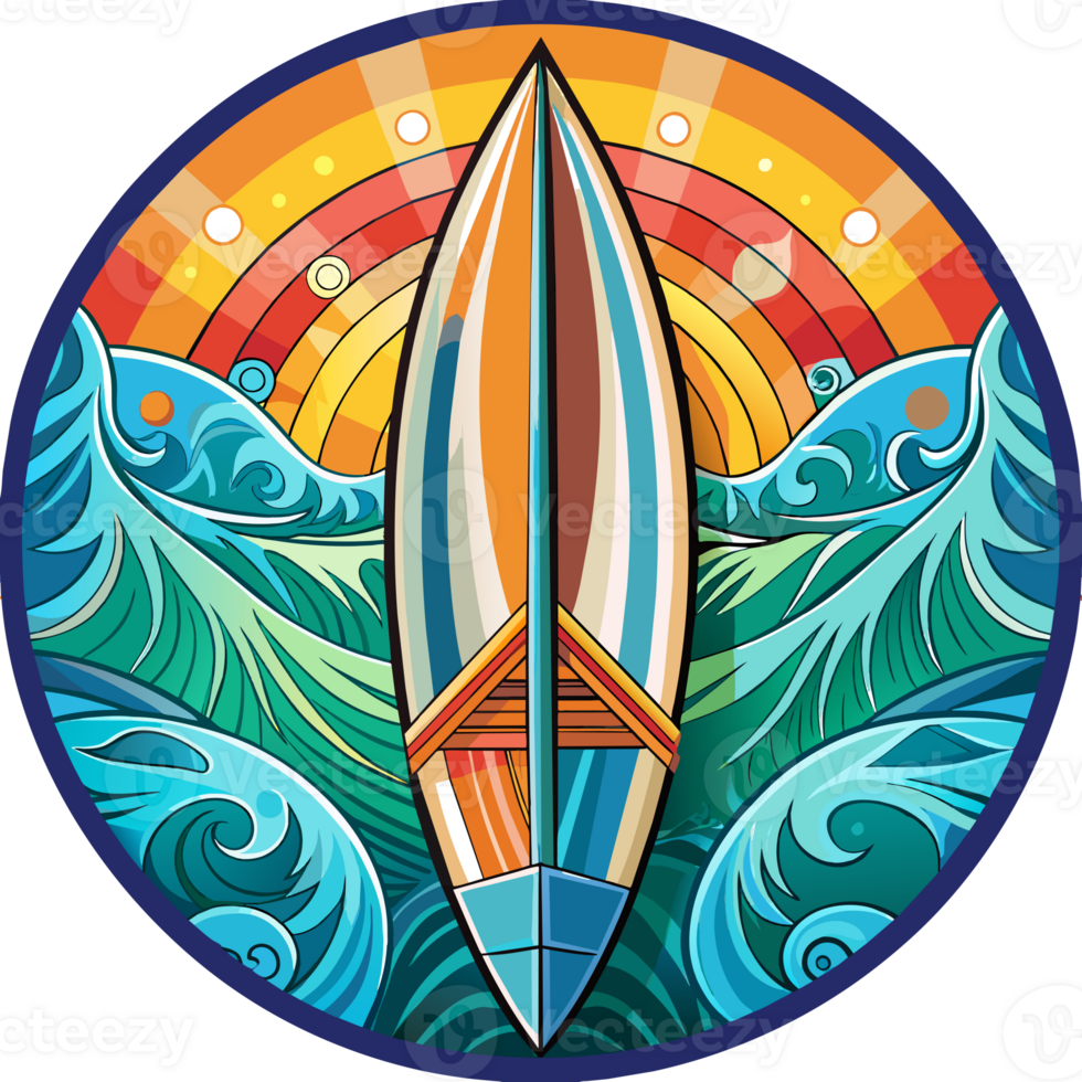 A surfboard dominates the center of a circular design, which is flanked by ornate waves and under a radiant sun png
