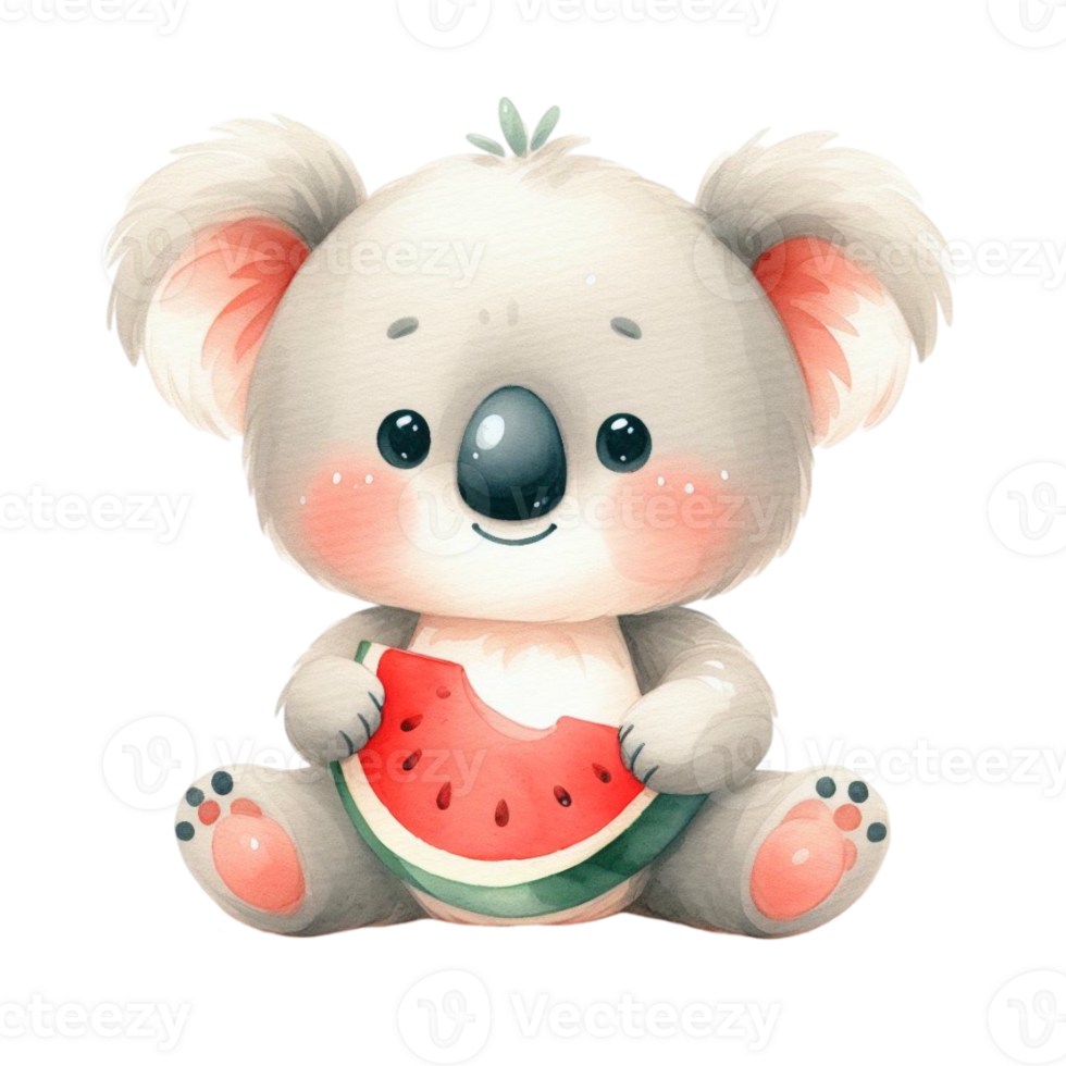 cute summer graphic with a baby koala eating juicy watermelon png