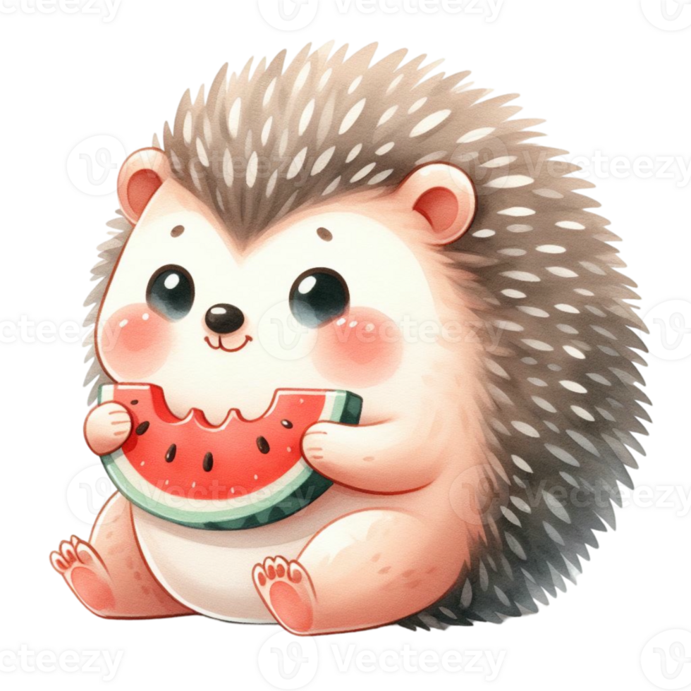 cute hedgehog eating fresh juicy watermelon png
