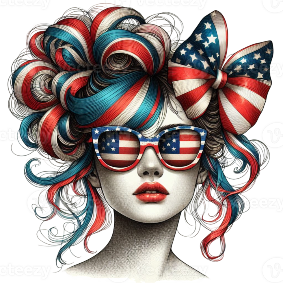 a woman with a highly stylized hairdo colored with the red, white, and blue stripes of the American flag png