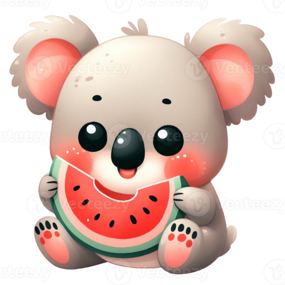 cute summer graphic with a baby koala eating juicy watermelon png