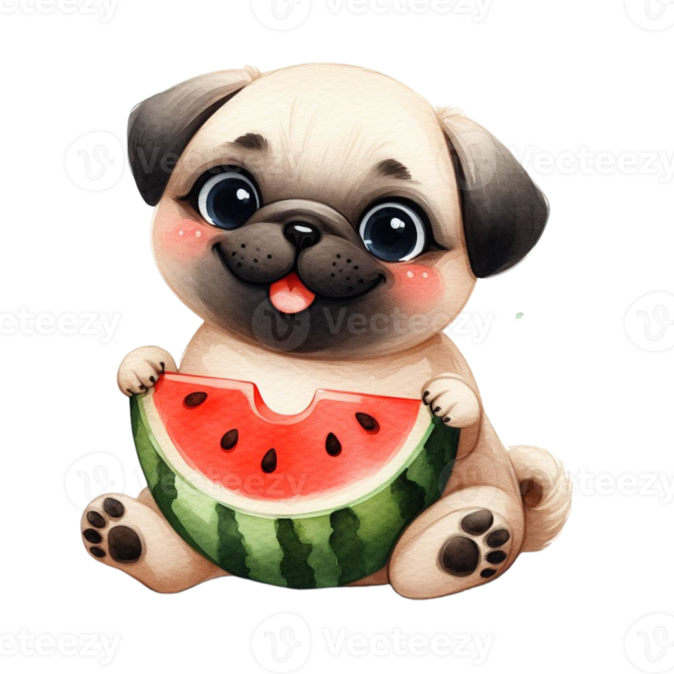 cute pug eating fresh juicy watermelon png