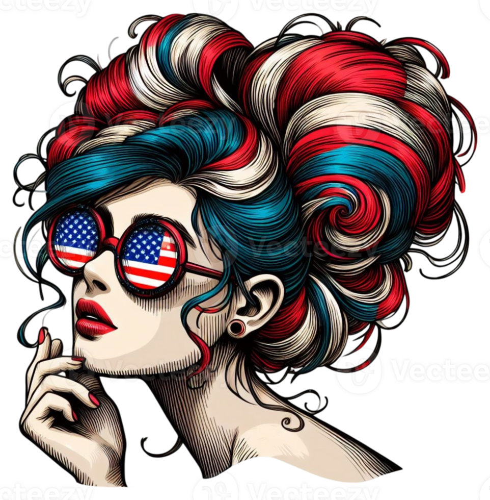 a woman with a highly stylized hairdo colored with the red, white, and blue stripes of the American flag png