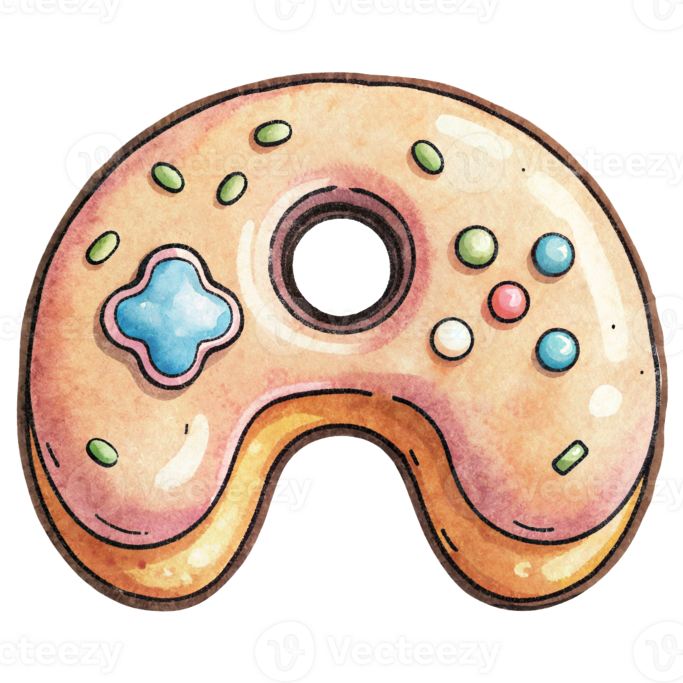 A whimsical depiction of a game controller shaped like a doughnut complete with icing and sprinkles takes center png