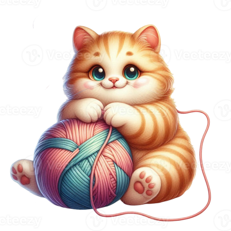 a cute kawaii ginger cat with a ball of yarn png