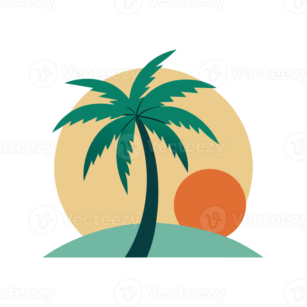 elegant summer graphic with palm tree sea and sunset png