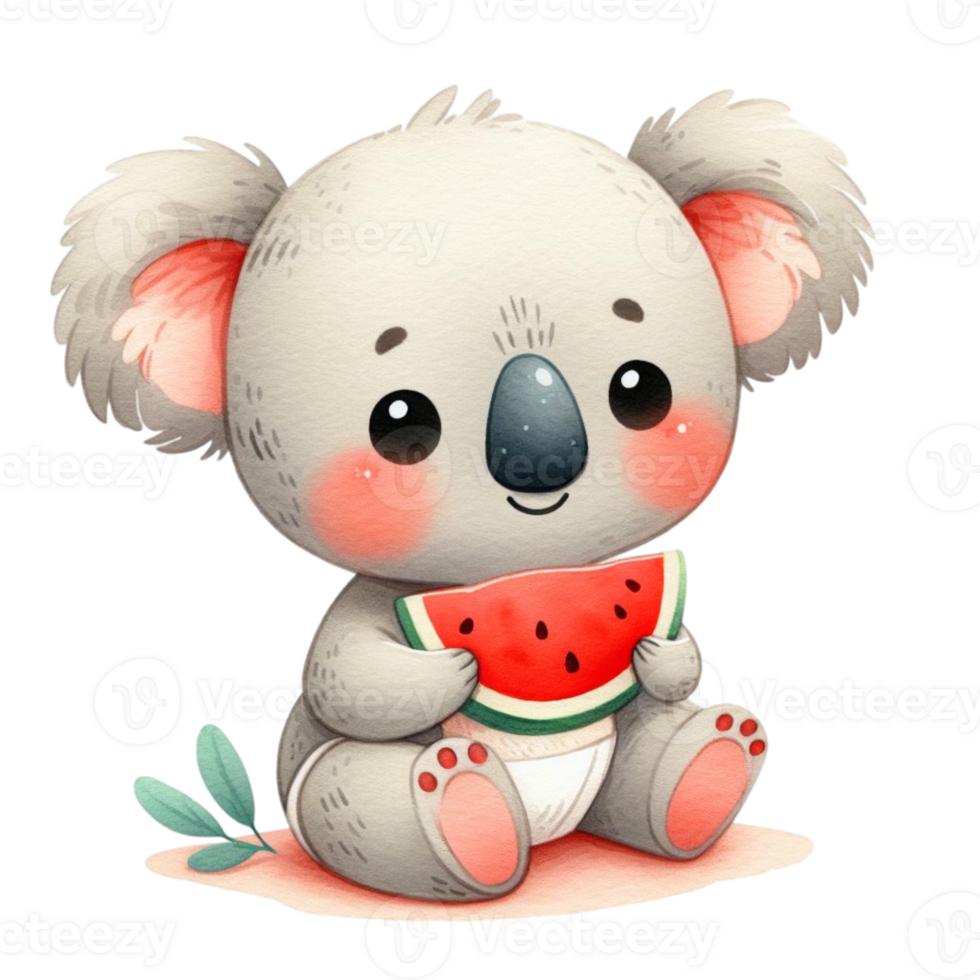 cute summer graphic with a baby koala eating juicy watermelon png