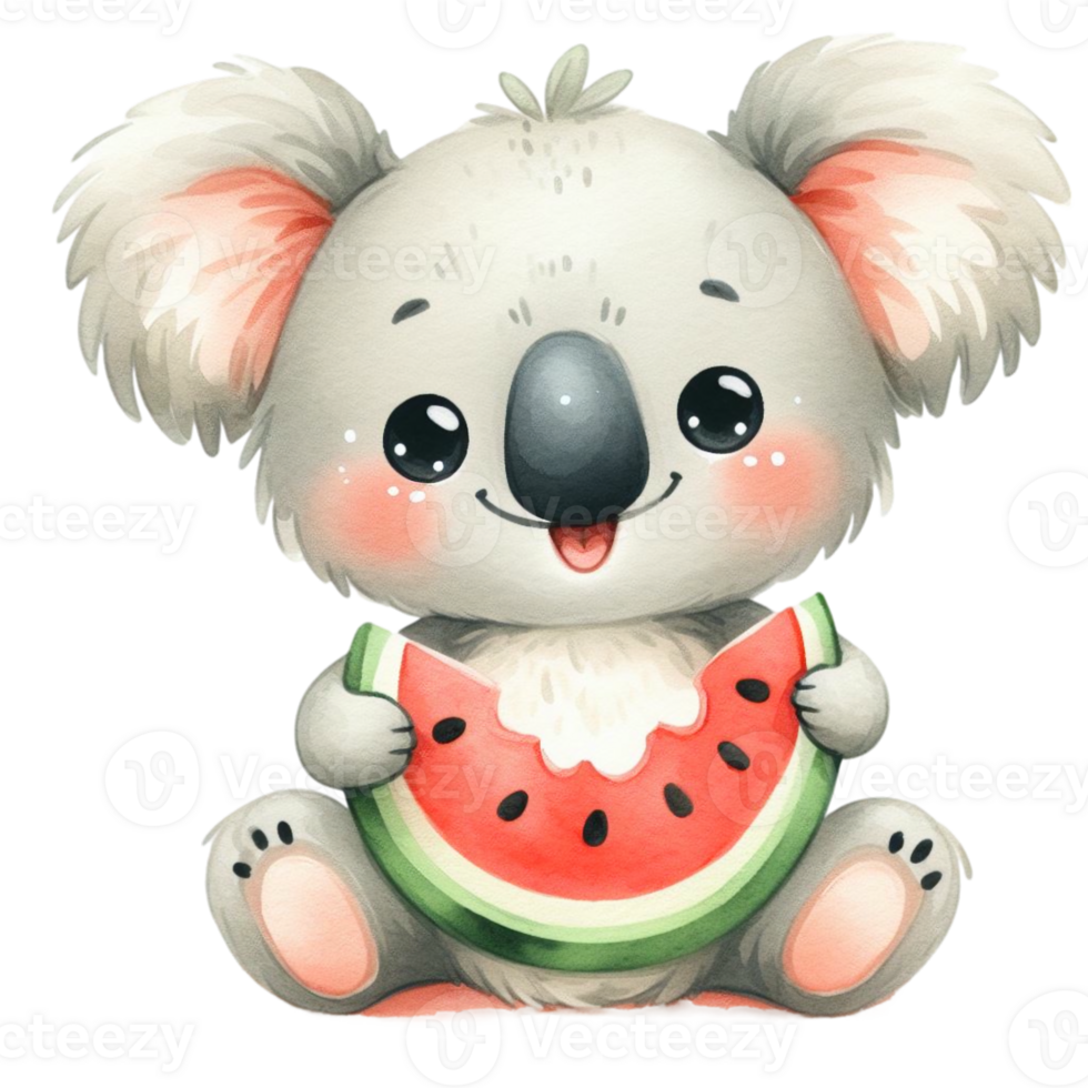 cute summer graphic with a baby koala eating juicy watermelon png