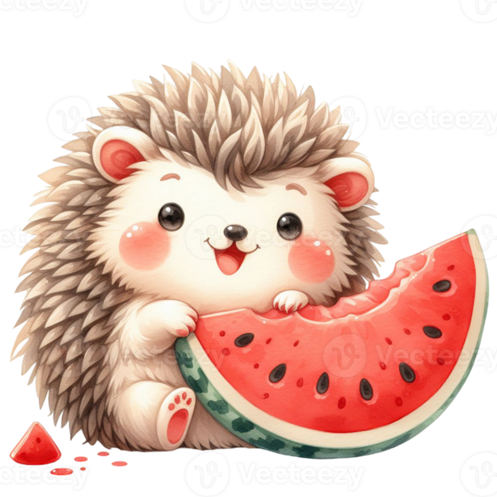 cute hedgehog eating fresh juicy watermelon png