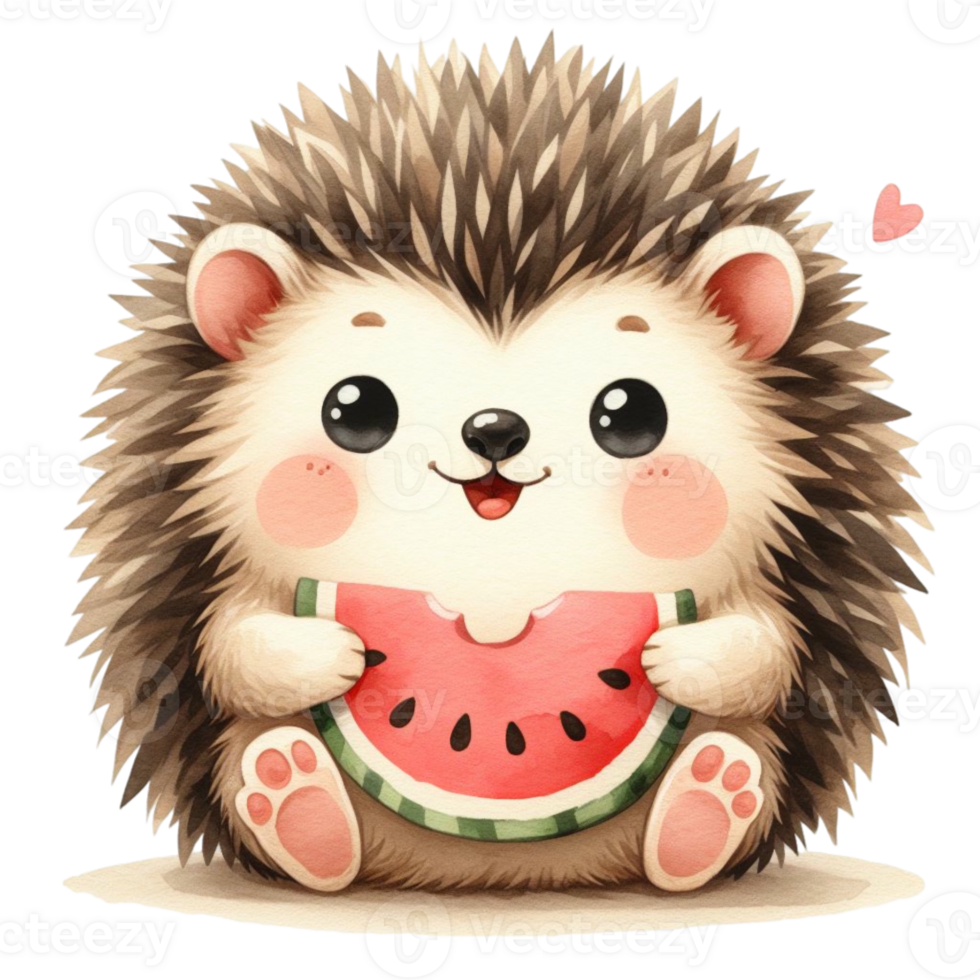 cute hedgehog eating fresh juicy watermelon png
