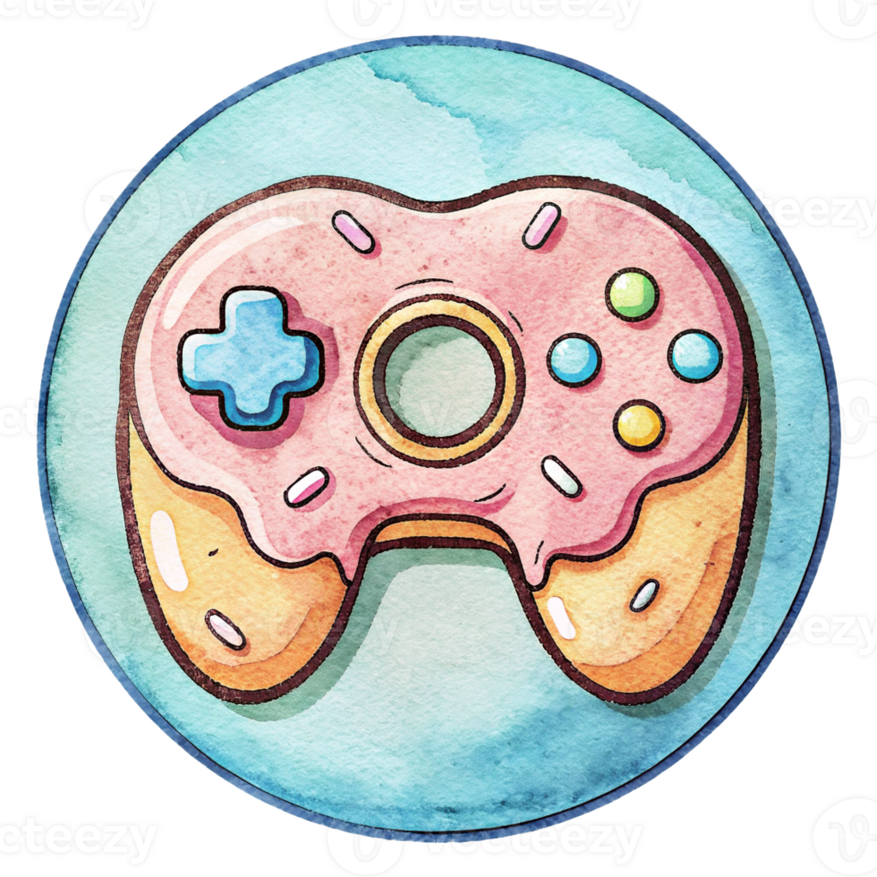 A whimsical depiction of a game controller shaped like a doughnut complete with icing and sprinkles takes center png