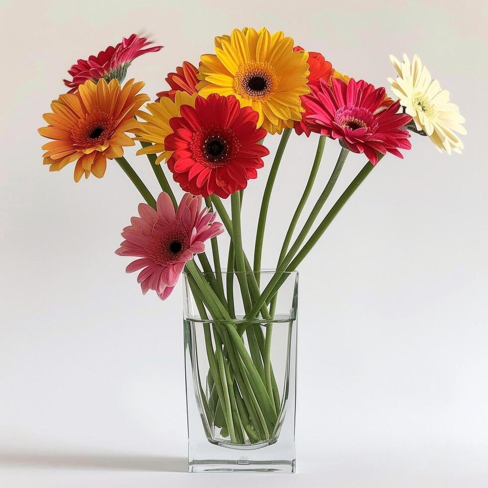 An elegant glass vase with clusters of lively Gerbera flowers. photo