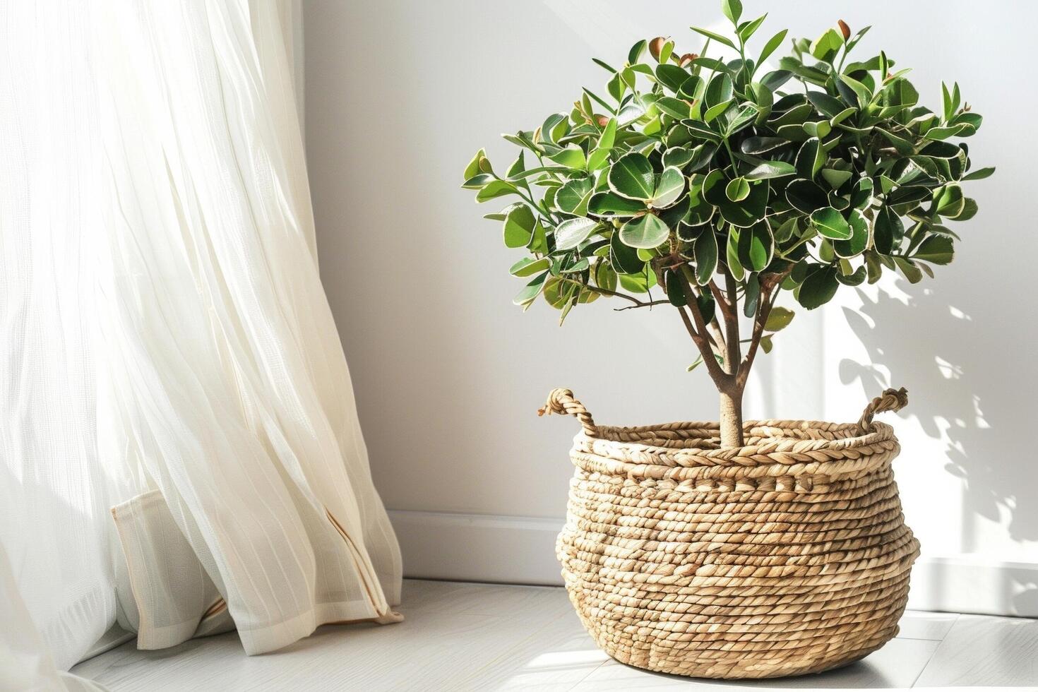 small potted banyan tree Displayed in a woven basket. photo