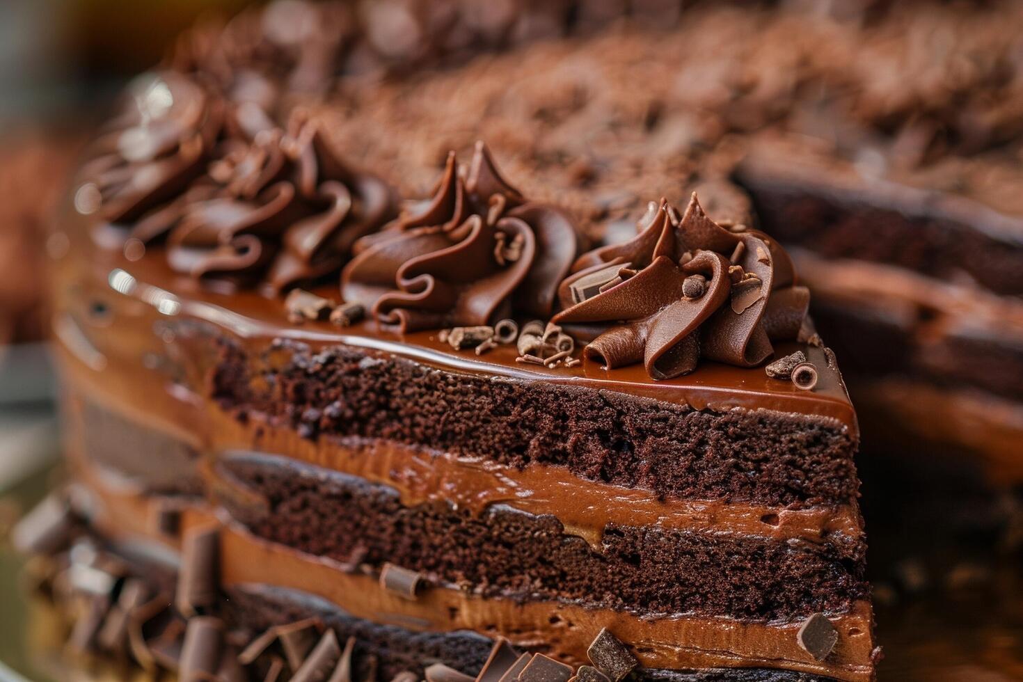 A superb chocolate cake with rich ganache and layers of chocolate crumbs. photo