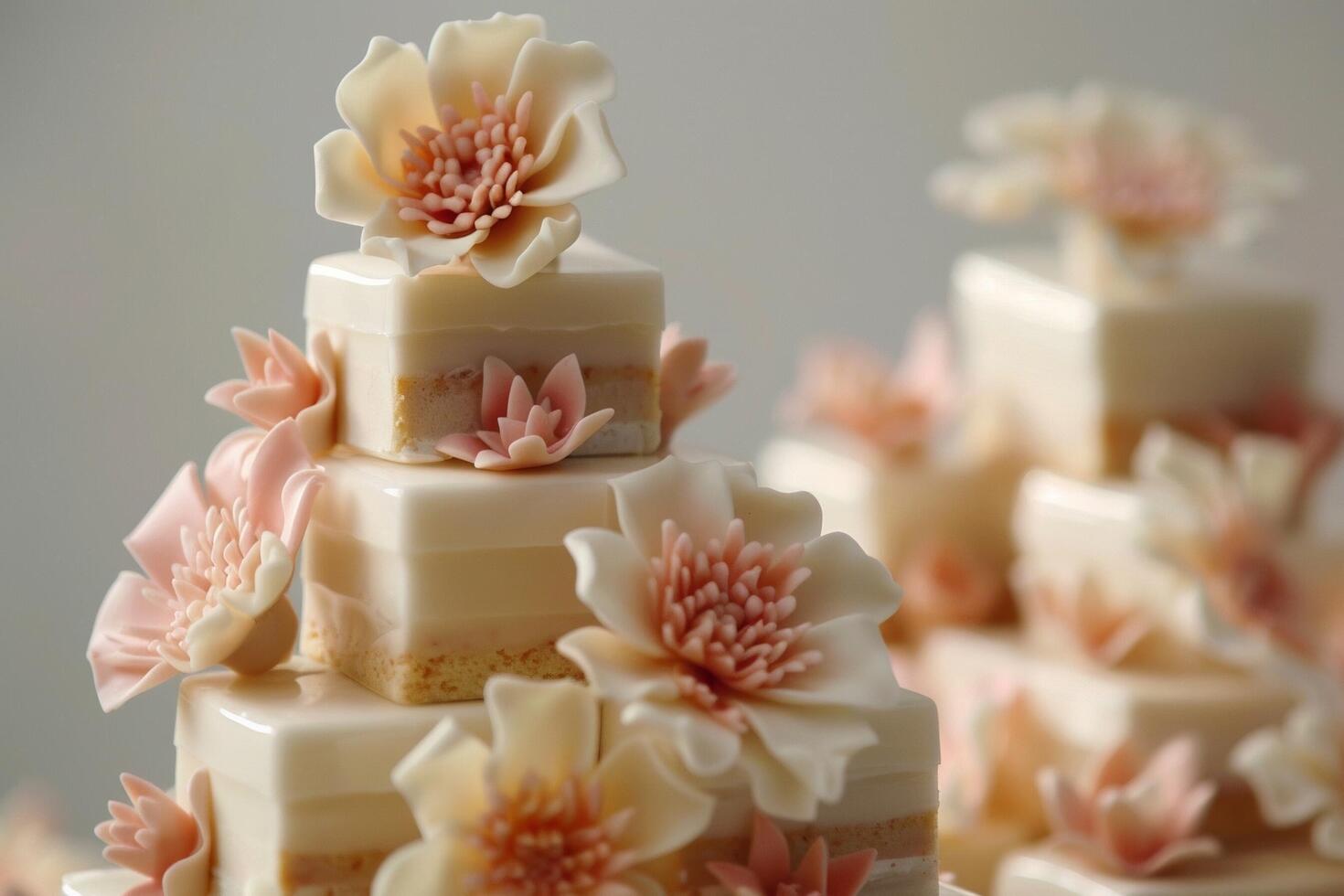 A tower of elegant and intricate petit fours with floral designs photo