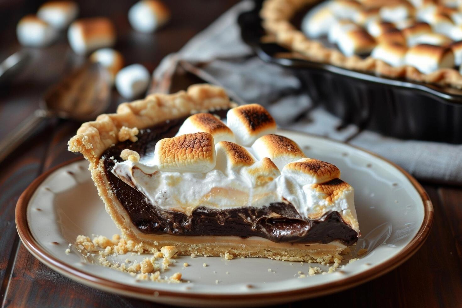 Bite-sized s'mores pie with toasted marshmallows on top. photo