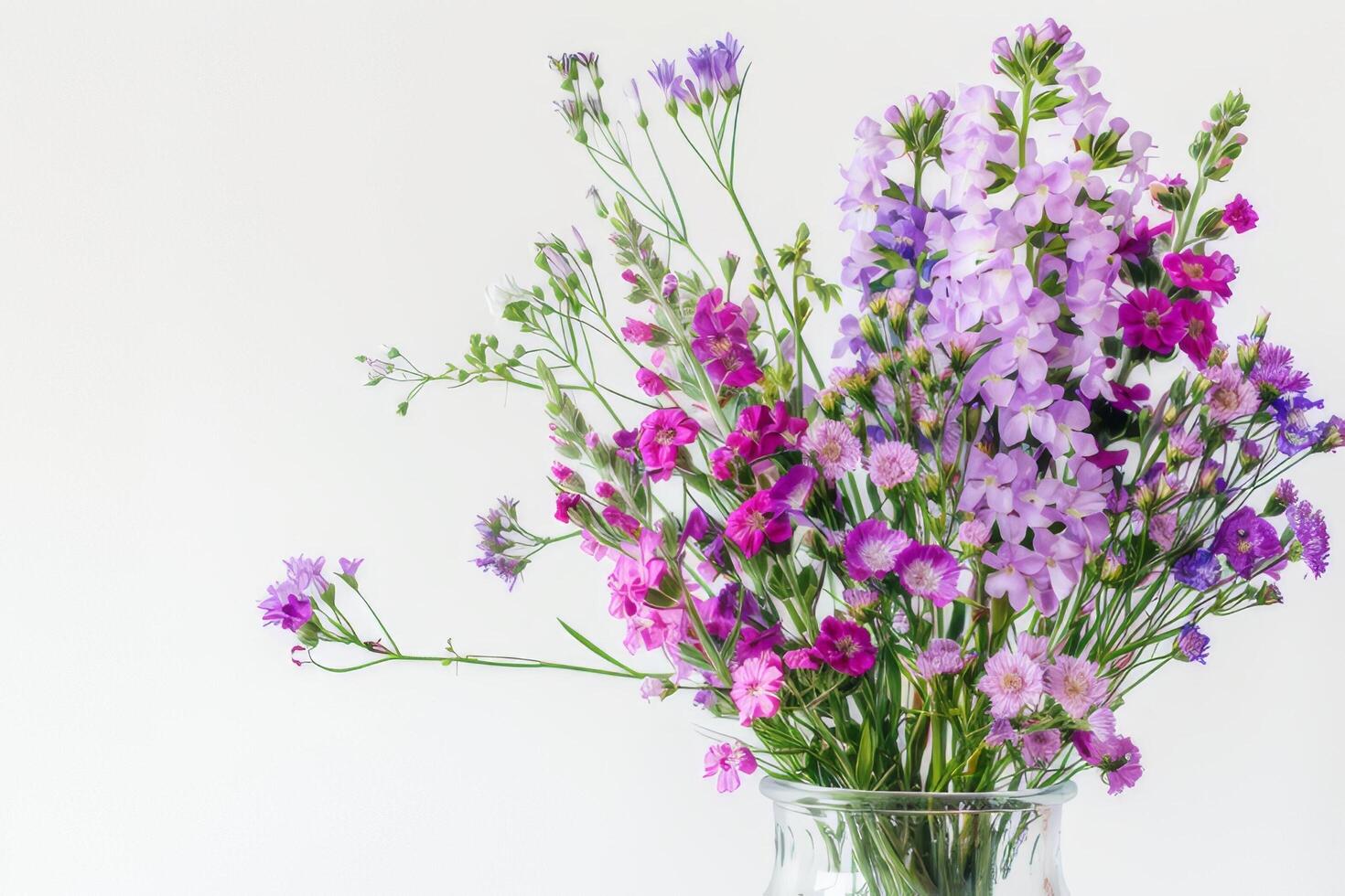 hermosamente arreglado statice y caspia flores en un florero. en un blanco antecedentes foto