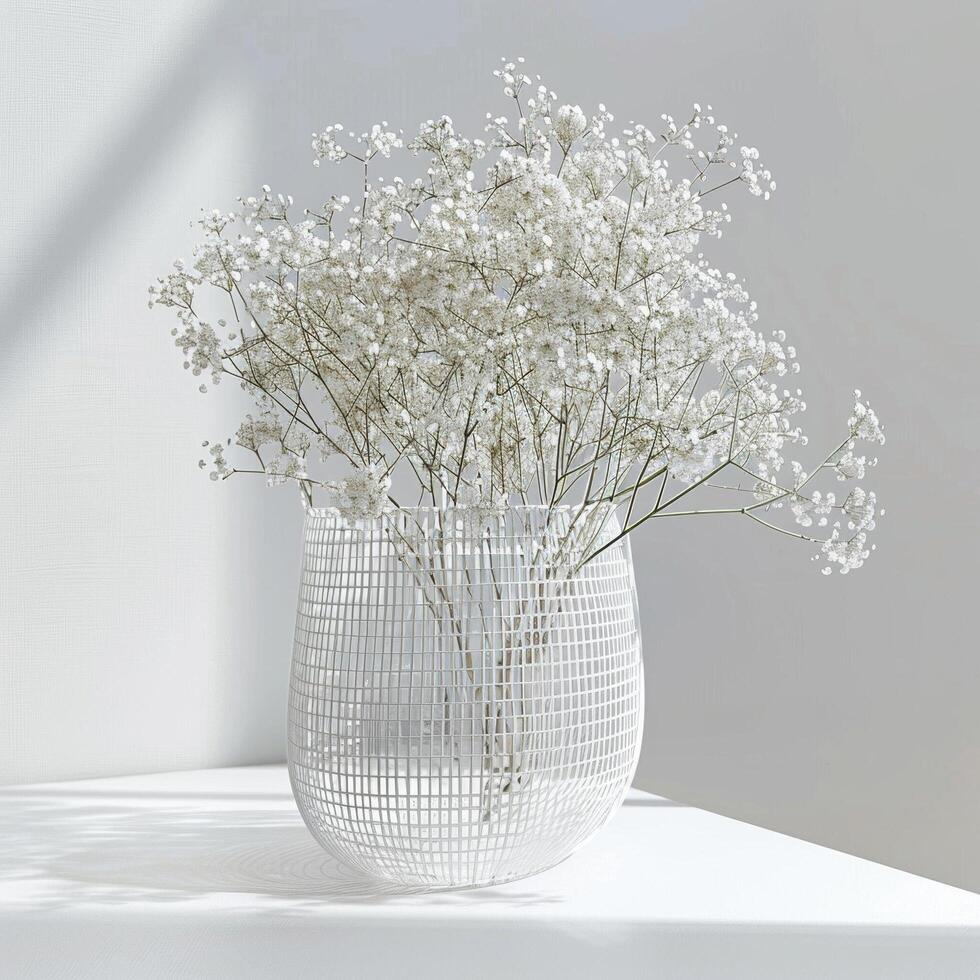 A quirky wire frame vase filled with clusters of flowers. photo