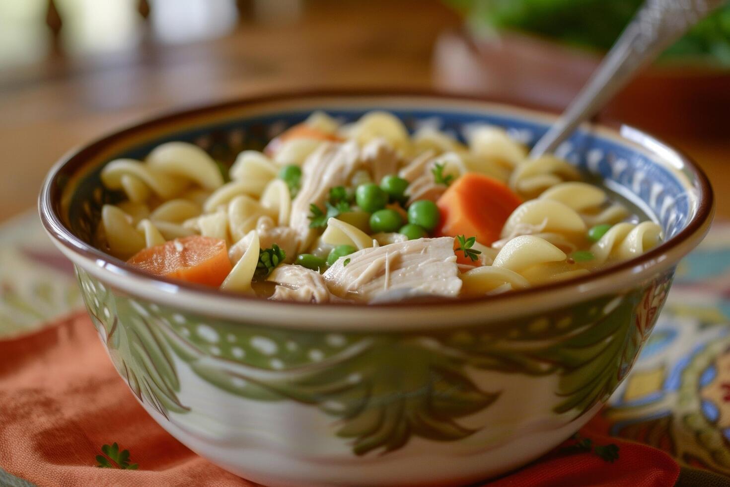 un cuenco de pollo sopa con vegetales y oferta pollo. foto