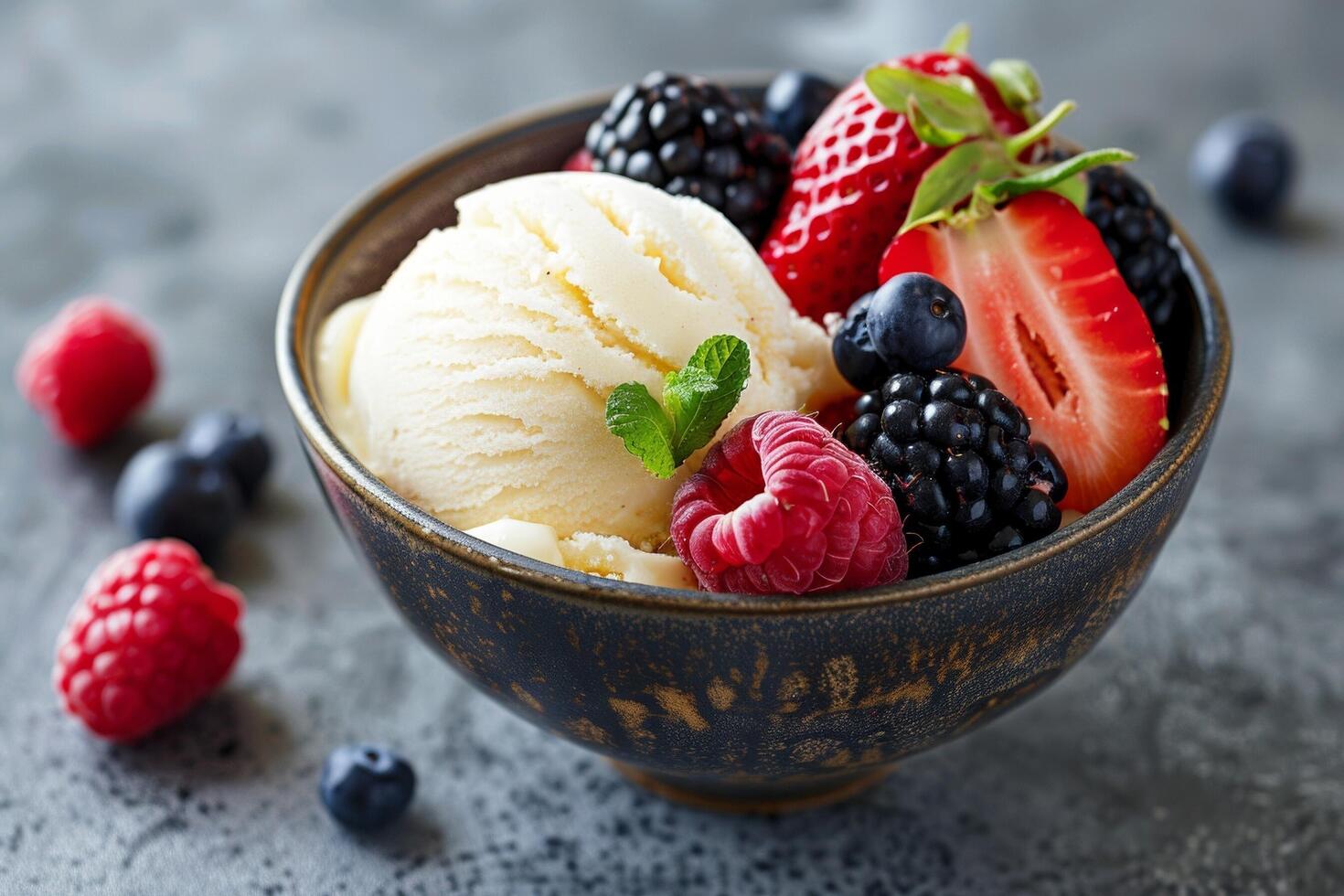 vainilla hielo crema con Fresco bayas en cima. foto