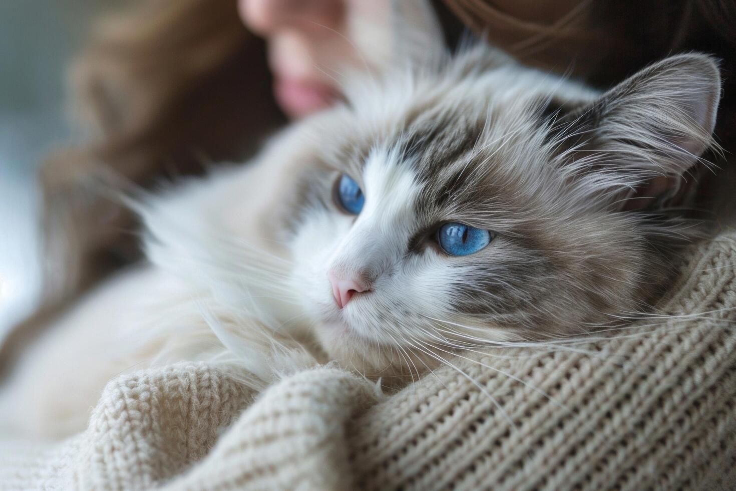 un sereno muñeca de trapo gato descansando en sus del propietario brazos, sus azul ojos mirando cariñosamente a sus humano compañero foto
