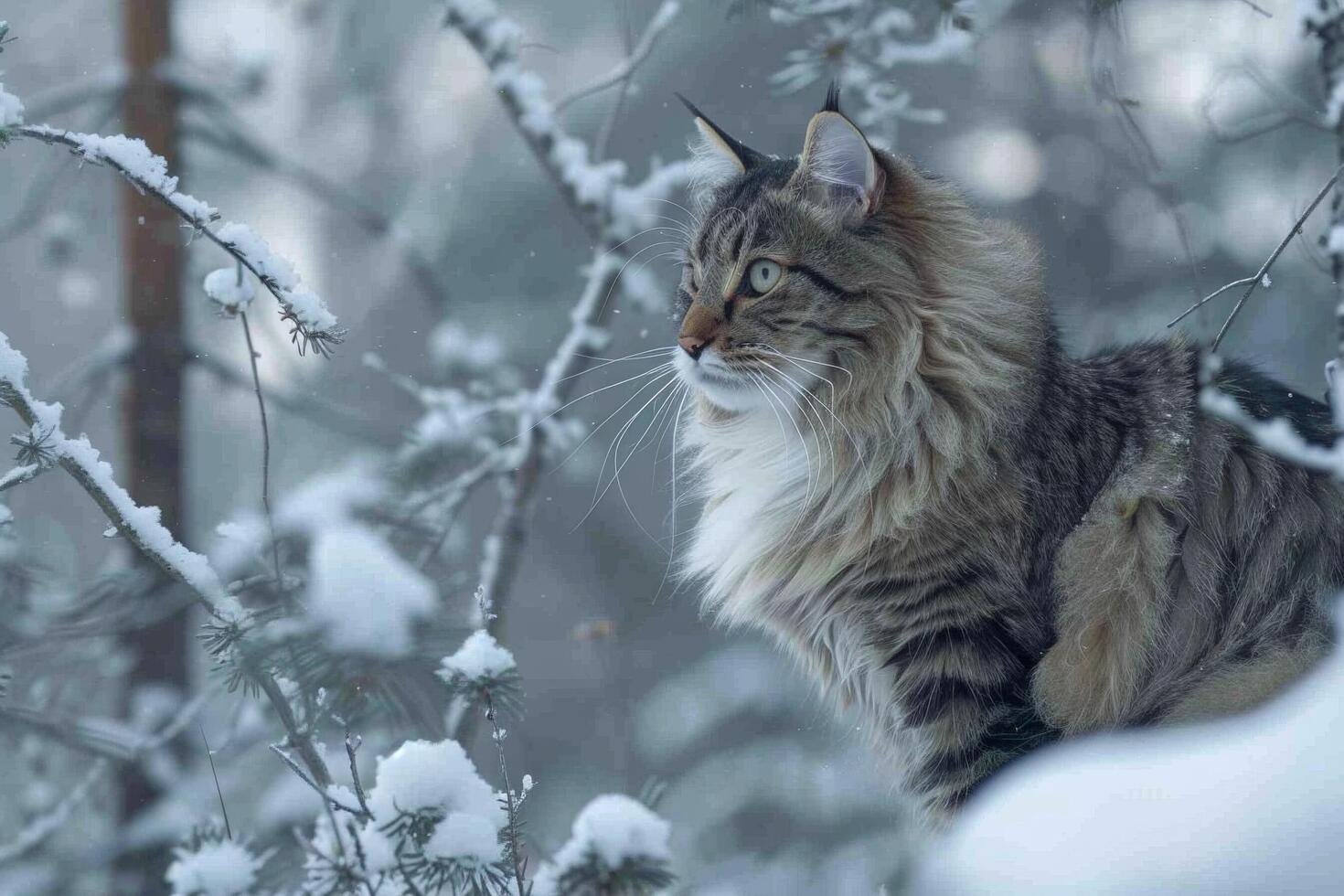 A majestic Norwegian Forest cat prowling through a snowy forest, its thick fur keeping it warm against the cold photo