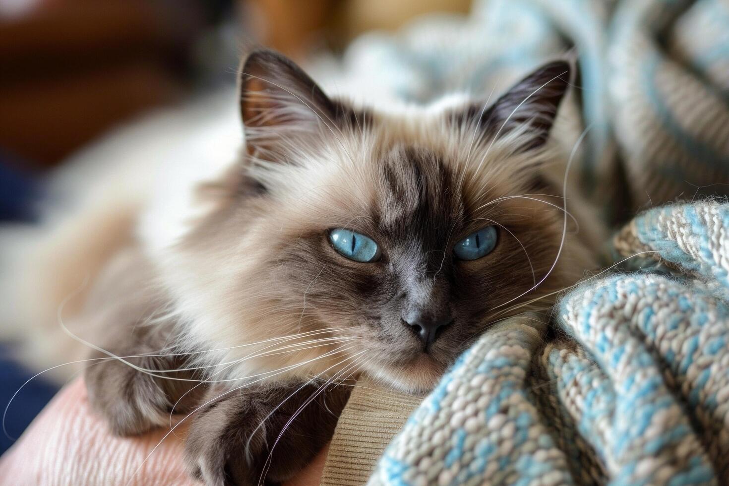 un sereno muñeca de trapo gato descansando en sus del propietario brazos, sus azul ojos mirando cariñosamente a sus humano compañero foto