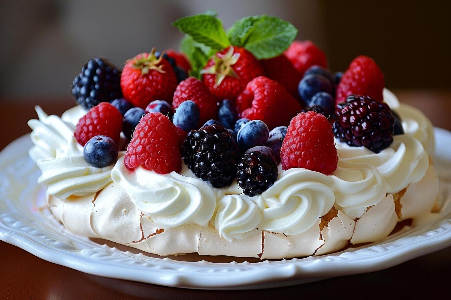 Pavlova con azotado crema y Fresco bayas foto