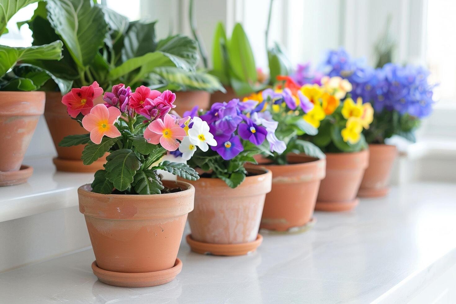 Group of colorful flowering plants in terracotta pots photo