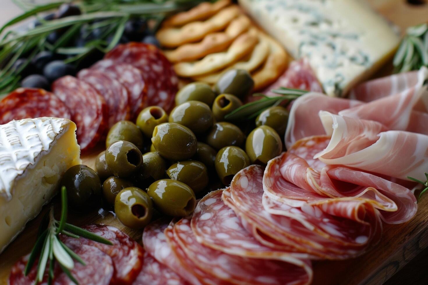 delicioso charcutería tablero con curado carnes, queso, aceitunas y galletas foto