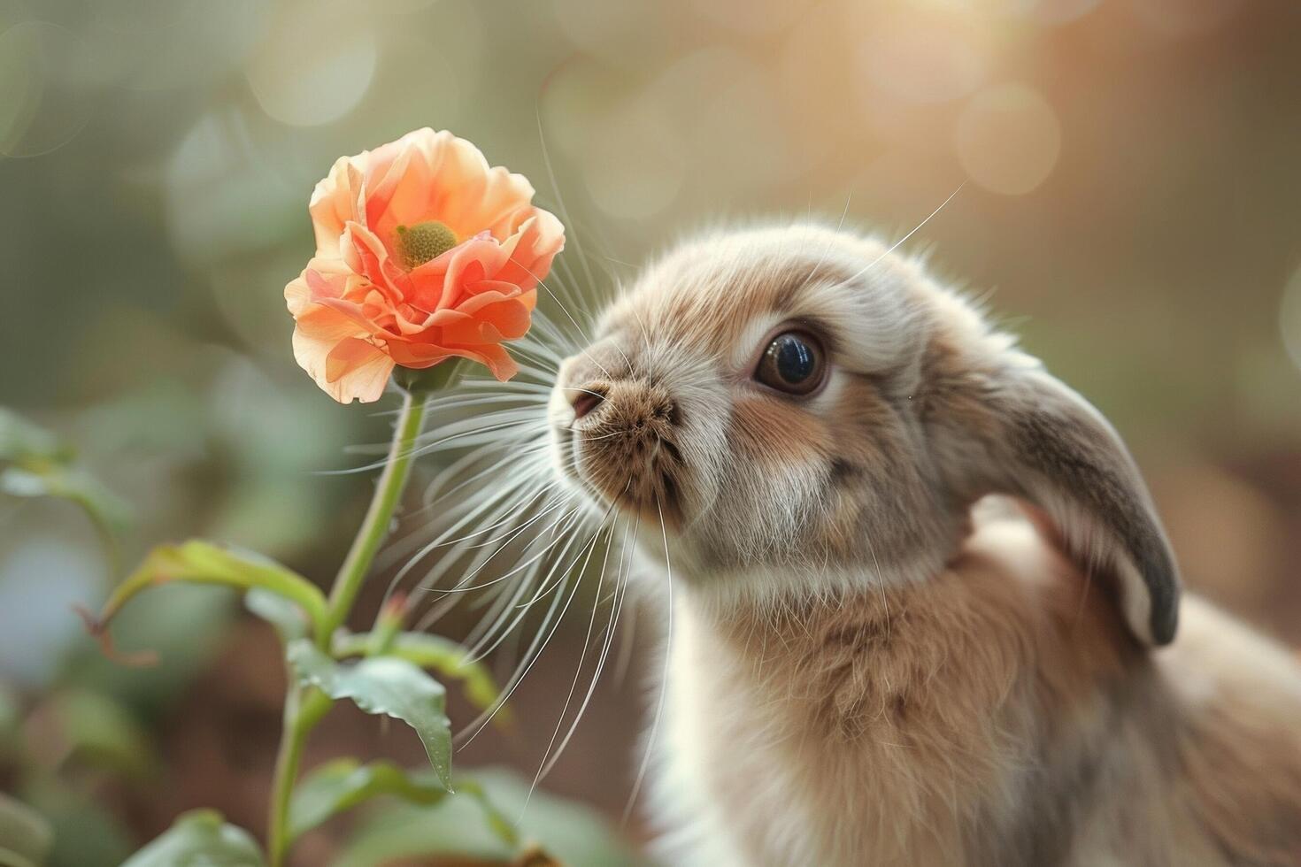 un Holanda podar conejito con largo bigotes retorciéndose, olfateando un flor foto