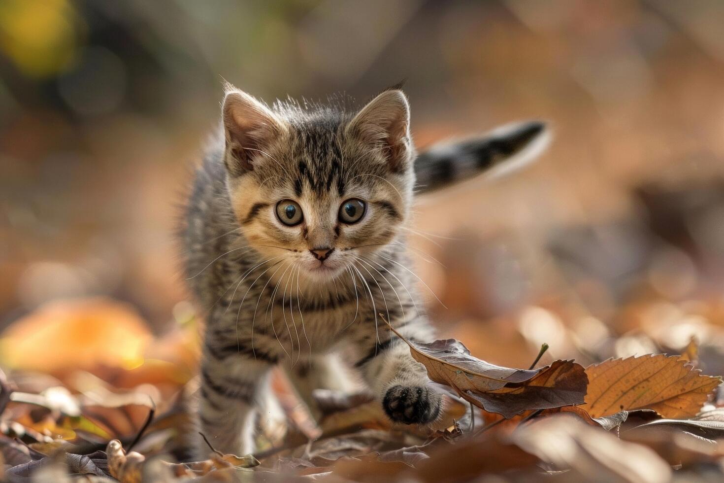 A playful Manx kitten pouncing on a fallen leaf, its short tail