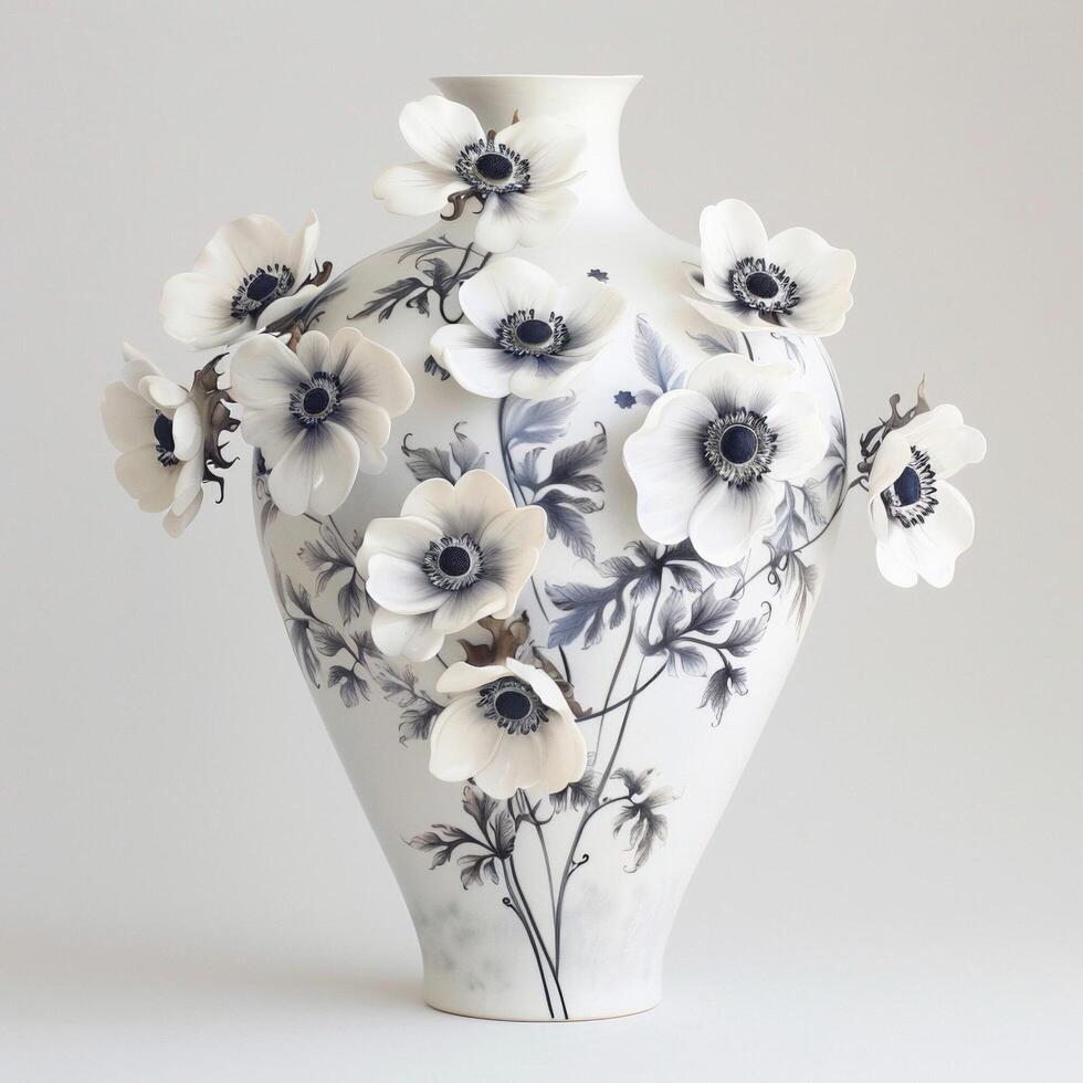 Hand-painted porcelain vases display flower bouquets. photo