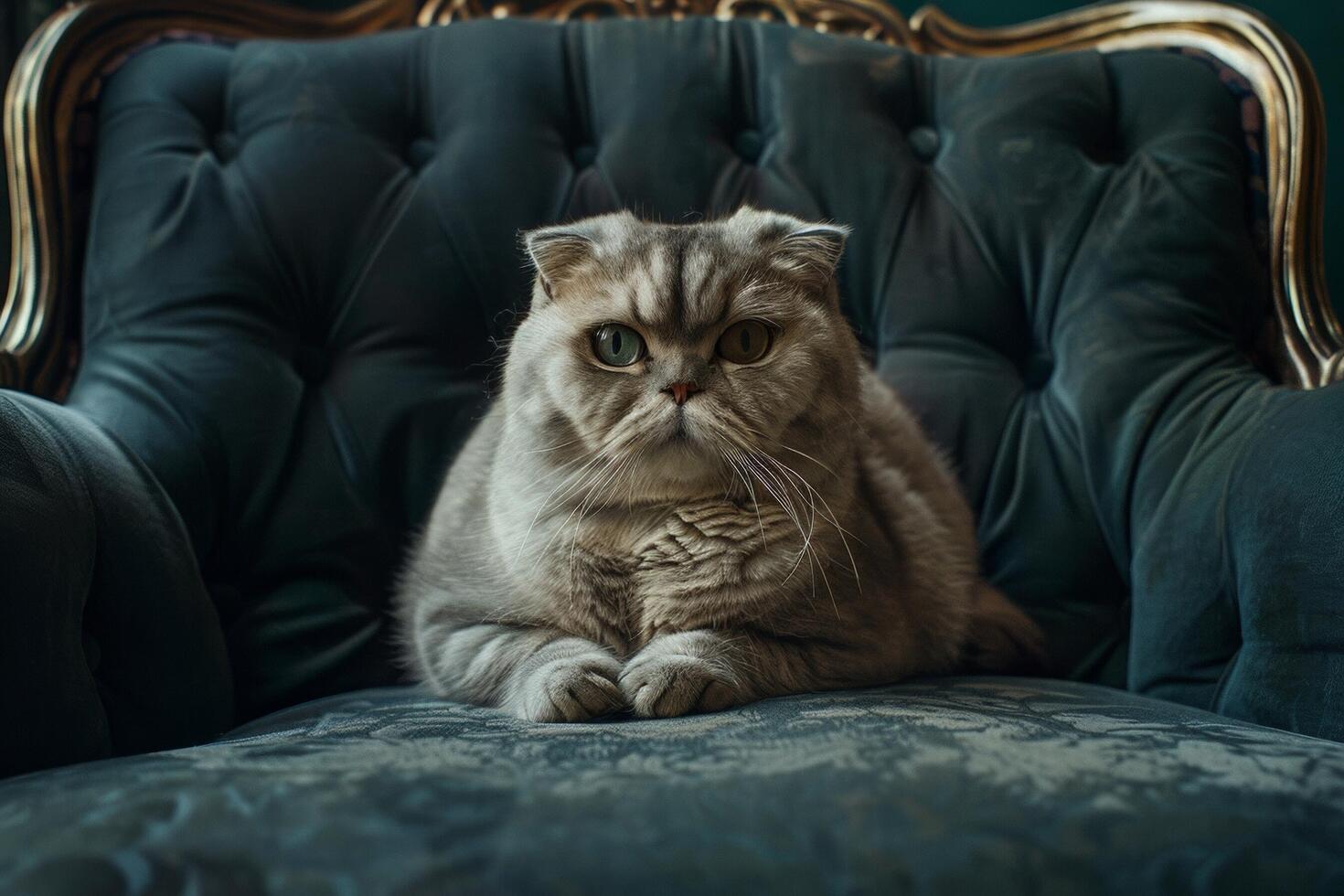 A majestic Scottish Fold cat sitting regally on a velvet cushion, its folded ears giving it an air of elegant charm photo