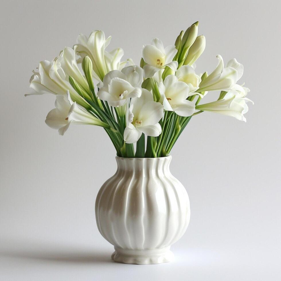 A porcelain vase holds a bouquet of fragrant freesia flowers. photo