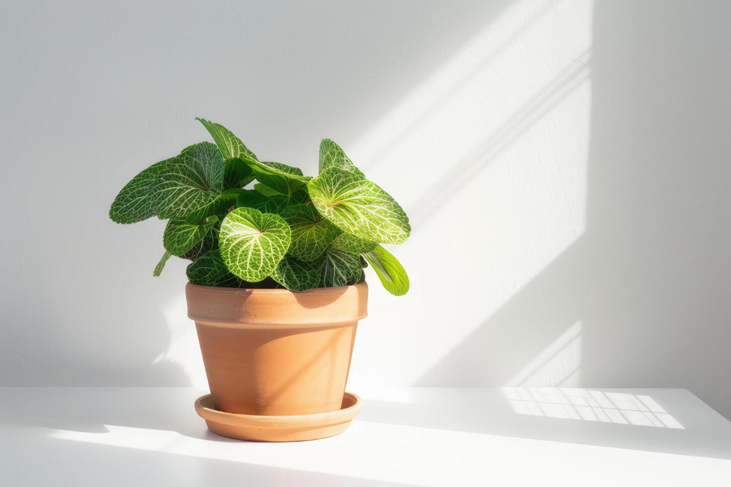 Fittonia in a brown terracotta pot with sunlight against a white background. photo