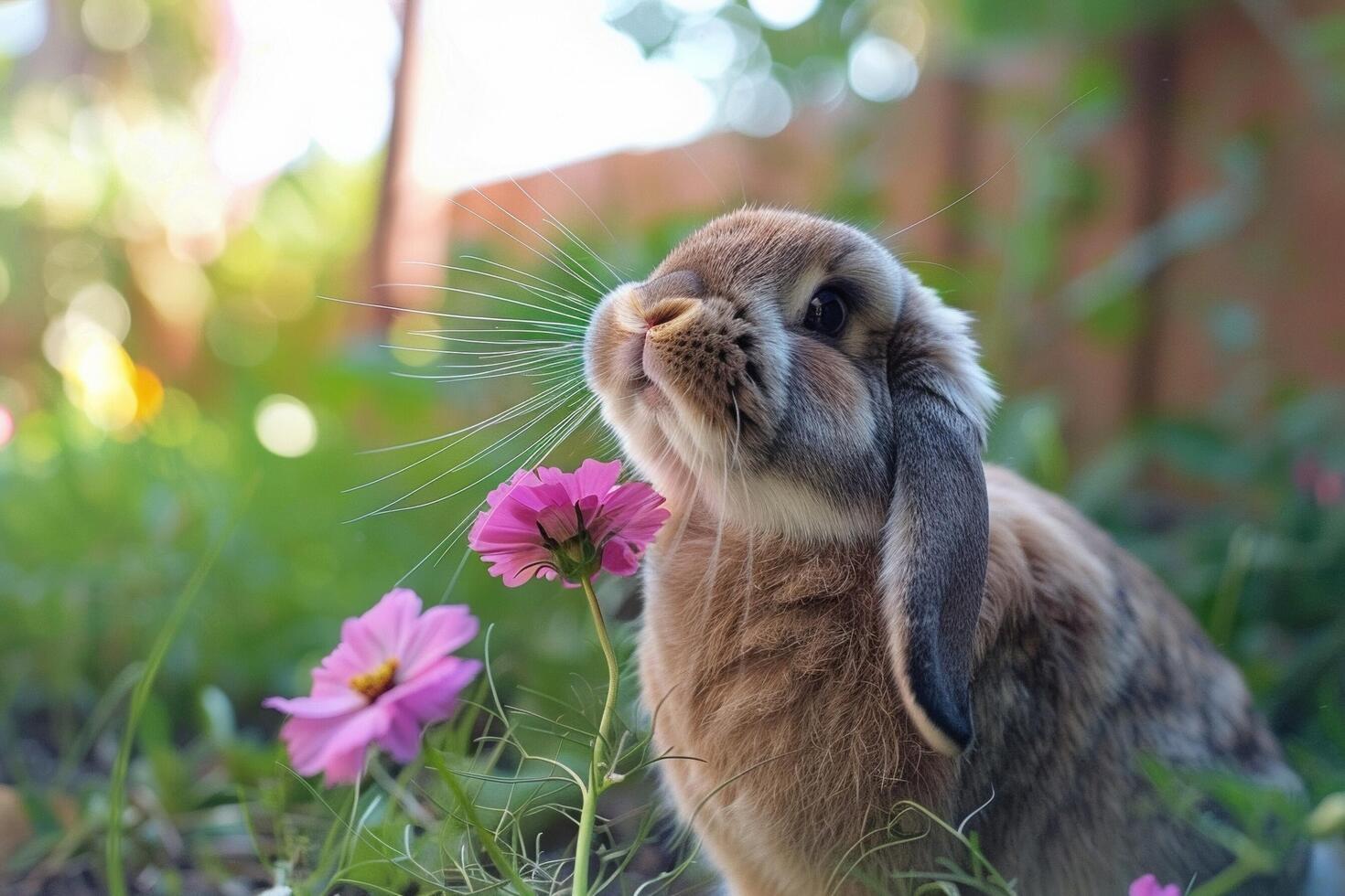 un Holanda podar conejito con largo bigotes retorciéndose, olfateando un flor foto