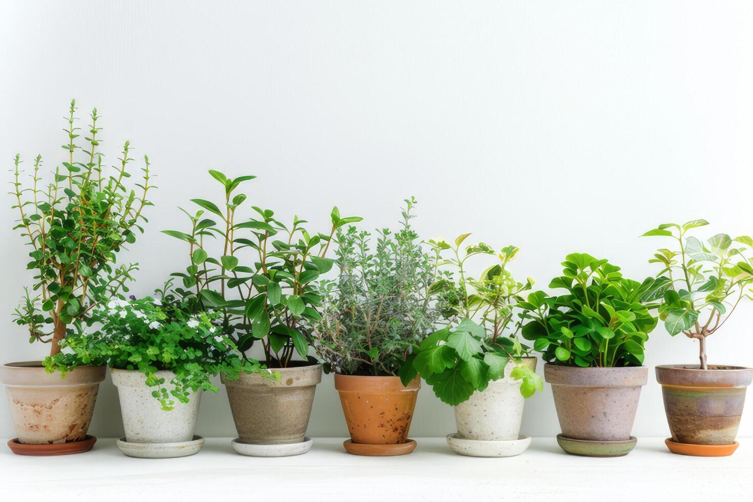 Green plants blooming in pots white background photo