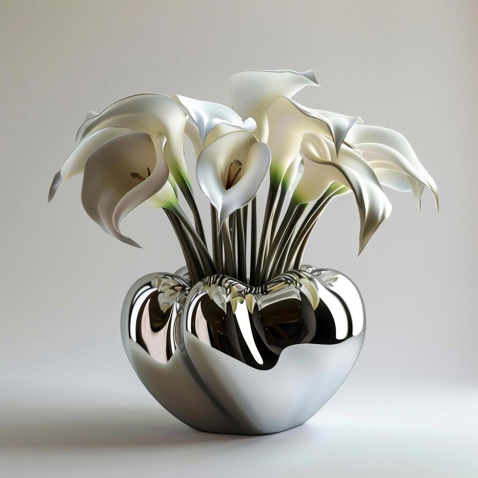 Stylish metal vase holding a bouquet of lilies. photo