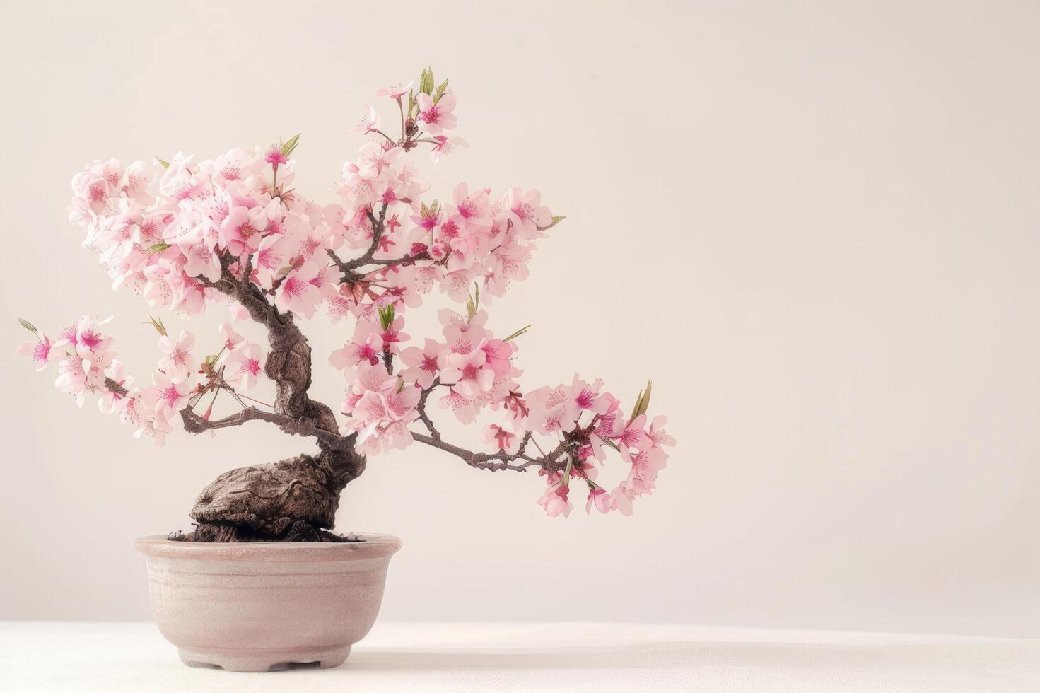 Mini cherry tree in a decorative pot It has delicate pink flowers. photo