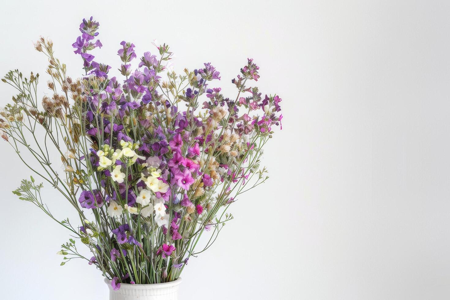 hermosamente arreglado statice y caspia flores en un florero. en un blanco antecedentes foto